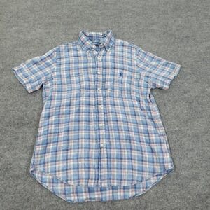 Ralph Lauren Shirt Mens Medium Blue Plaid 100% Linen Short Sleeve Button Down